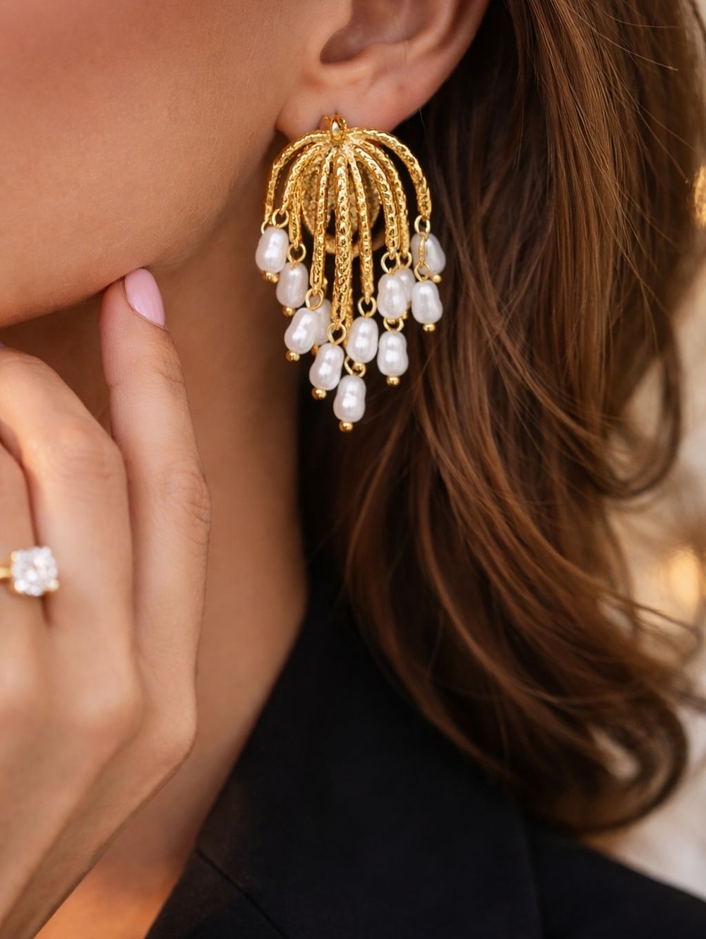 Gold Hoop Earrings with White Pearl Drops - Picture 8 of 8